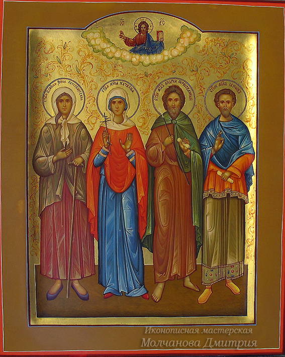 Икона семейная с орнаментом, с изображенными небесными покровителями