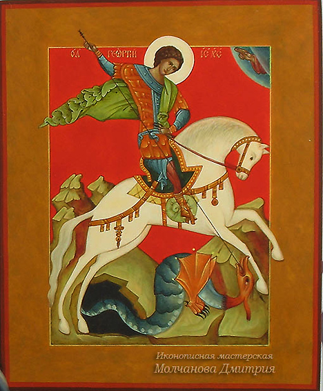 Святой великомученик Георгий Победоносец икона на красном фоне