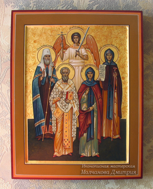 Семейная икона с Ангелом-Хранителем, с орнаментом по золоту